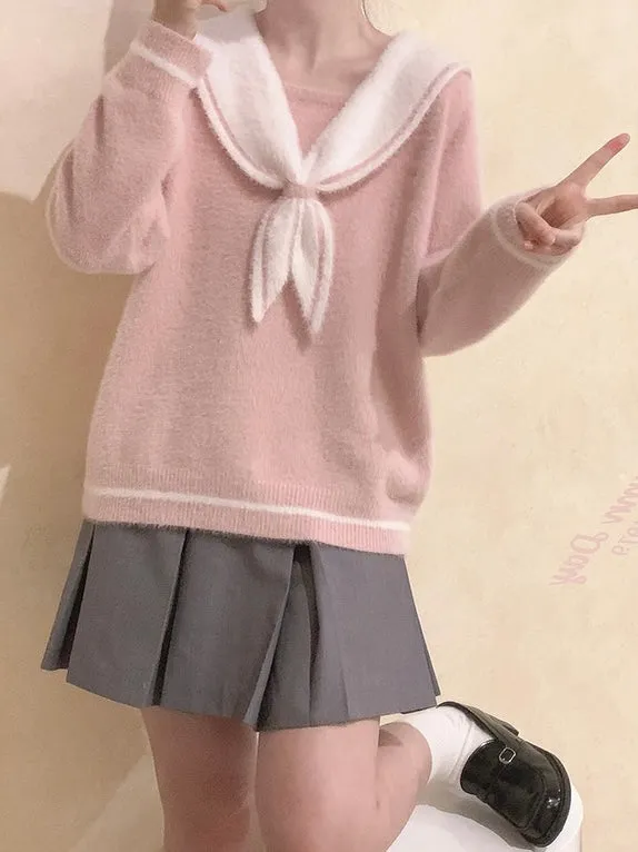 [Faux Fur] Pink Sailor School Girls Warm Sweater