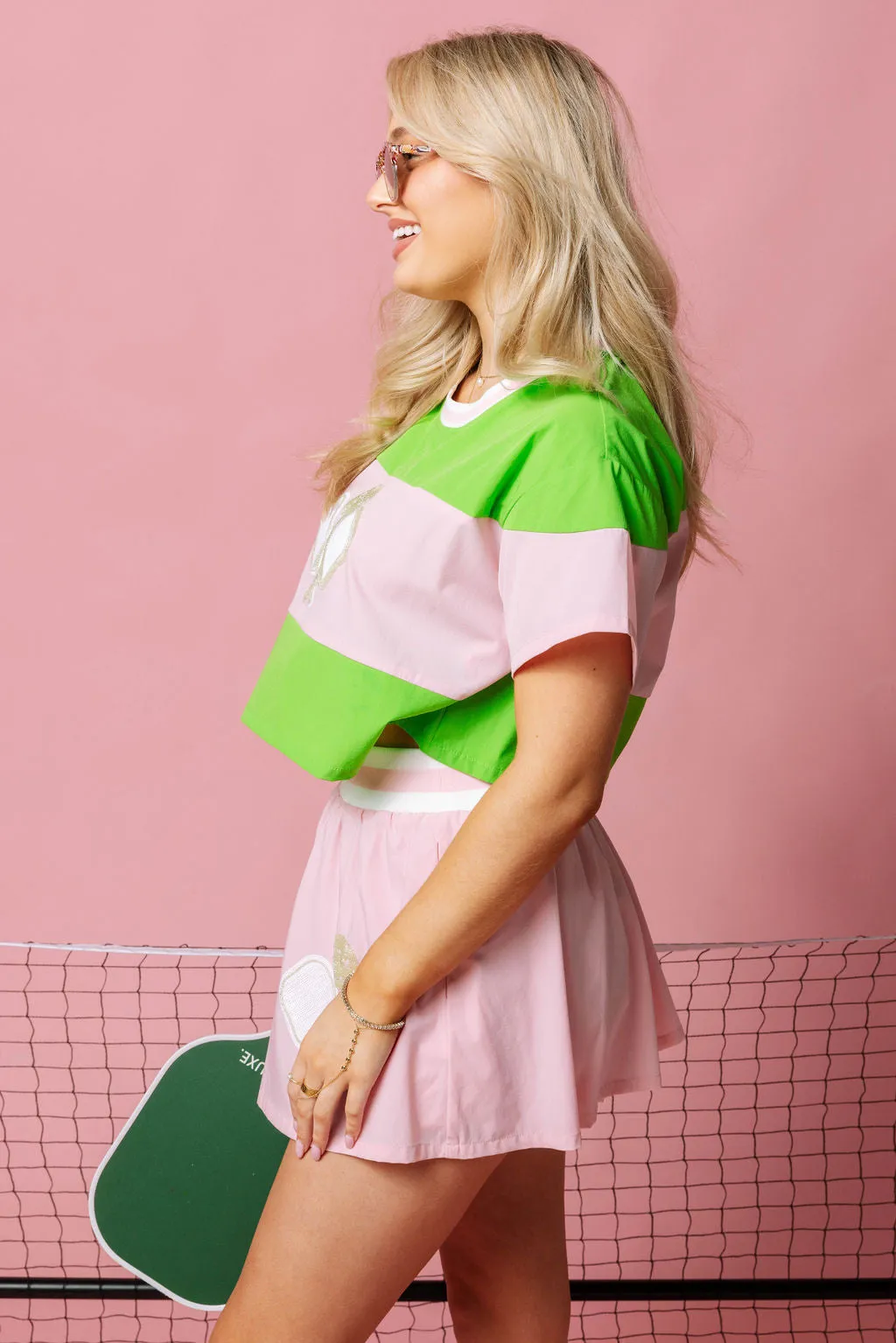 Green & Pink Stripe Pickle Ball Active Tee