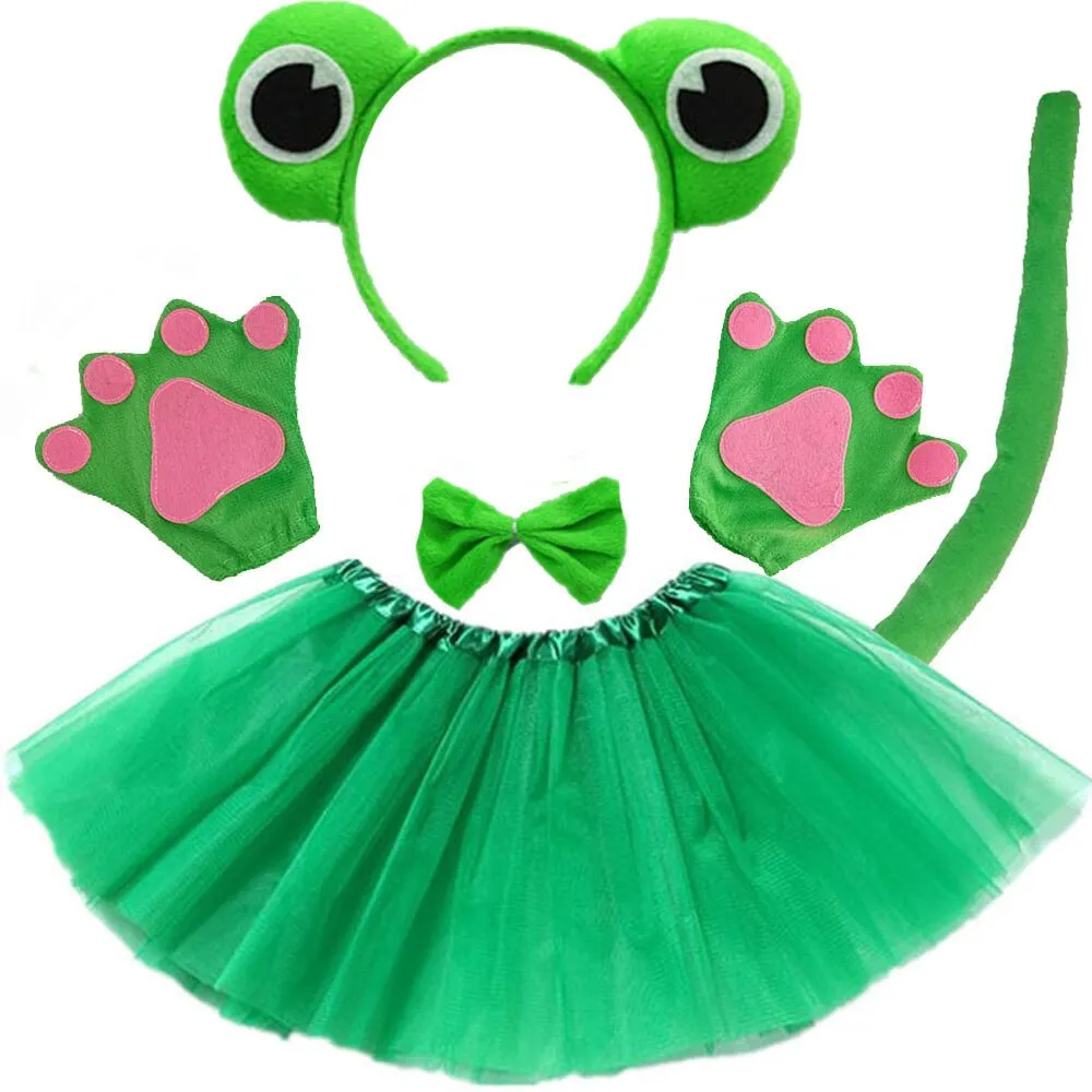 Green Frog Cosplay Animals Crown Prince Headband Bow Tail Paws Tutu Skirt Set Kids Children Girl Party Props Halloween Christmas