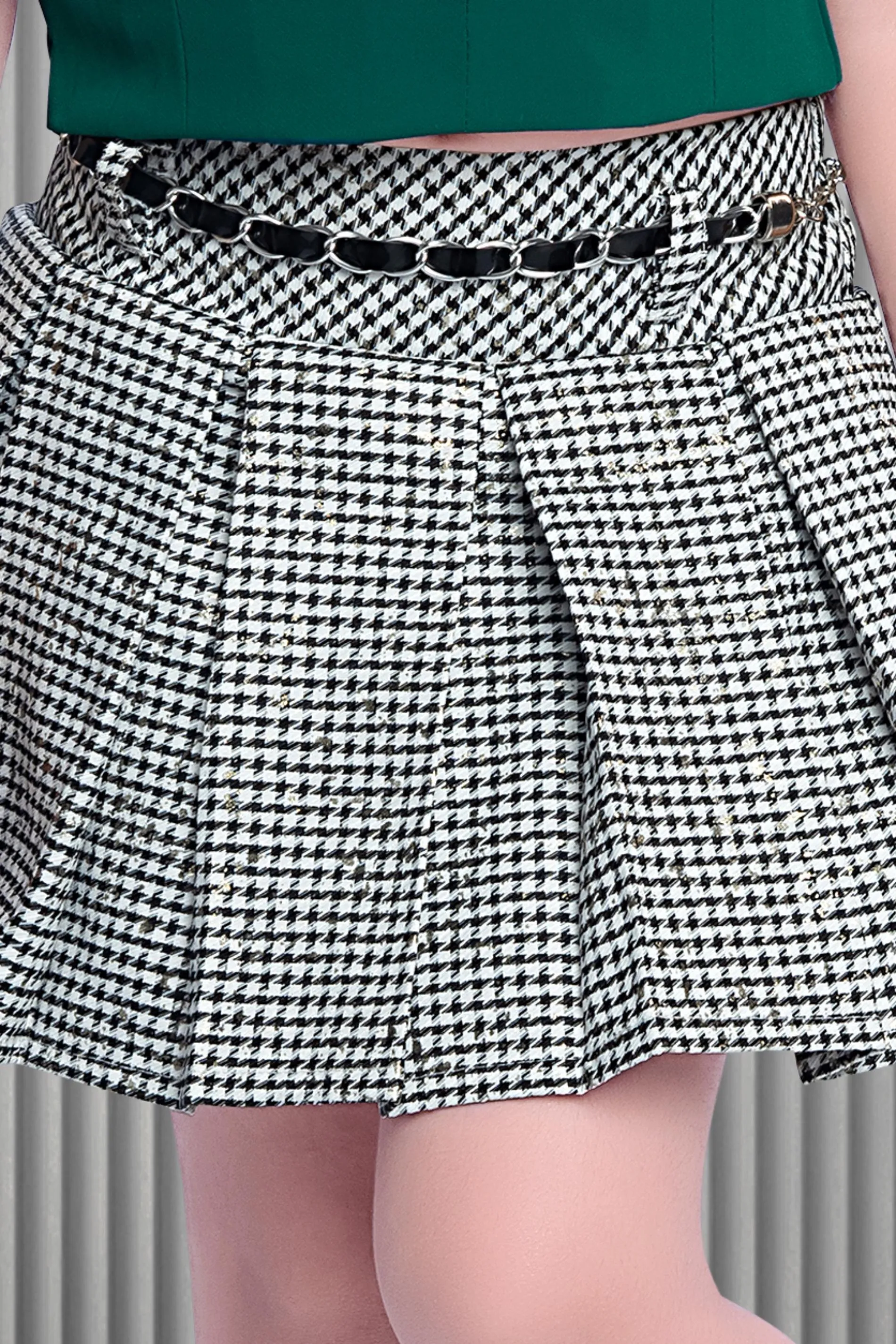 Green, White with Black Print Top and Divider Skirt for Girls with Belt