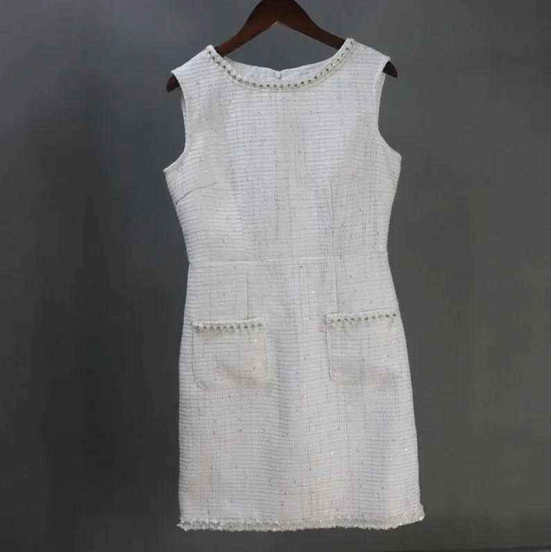 HandMade Round Neck Pearls Trim Sleeveless Dress   Matching Jacket White for Teenage Girls