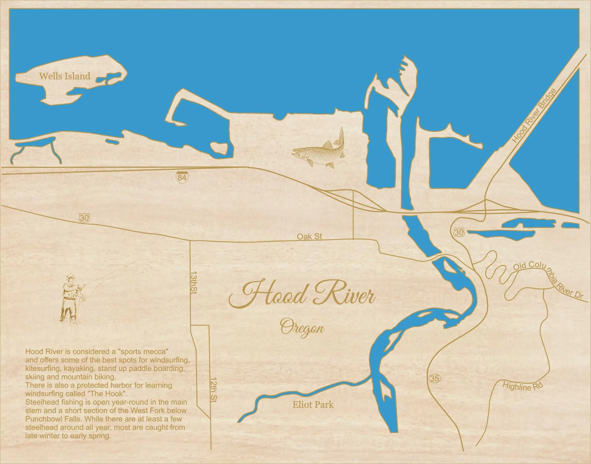 Hood River, Oregon - Laser Cut Wood Map