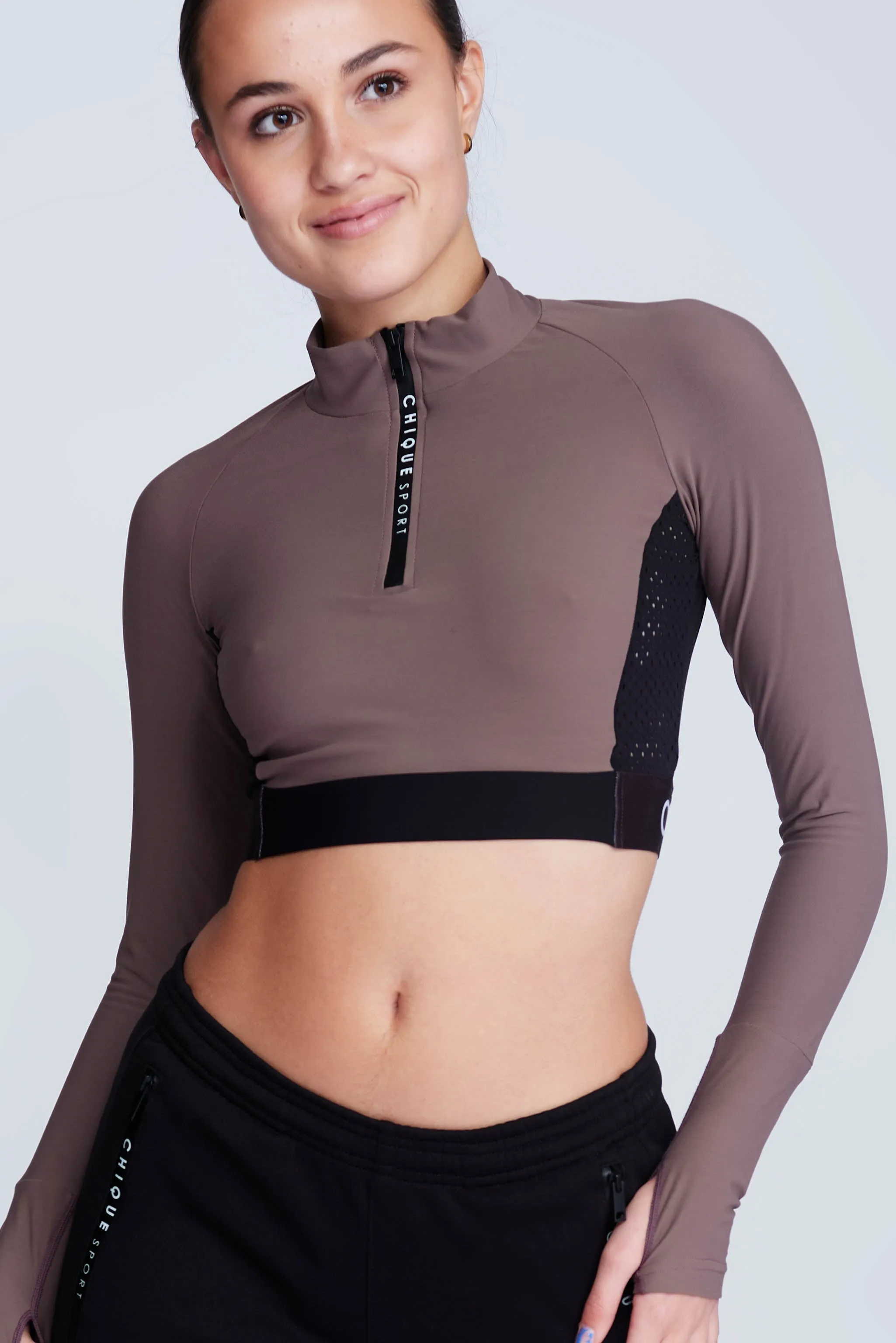 Ignite Long-Sleeve Crop Top in Taupe