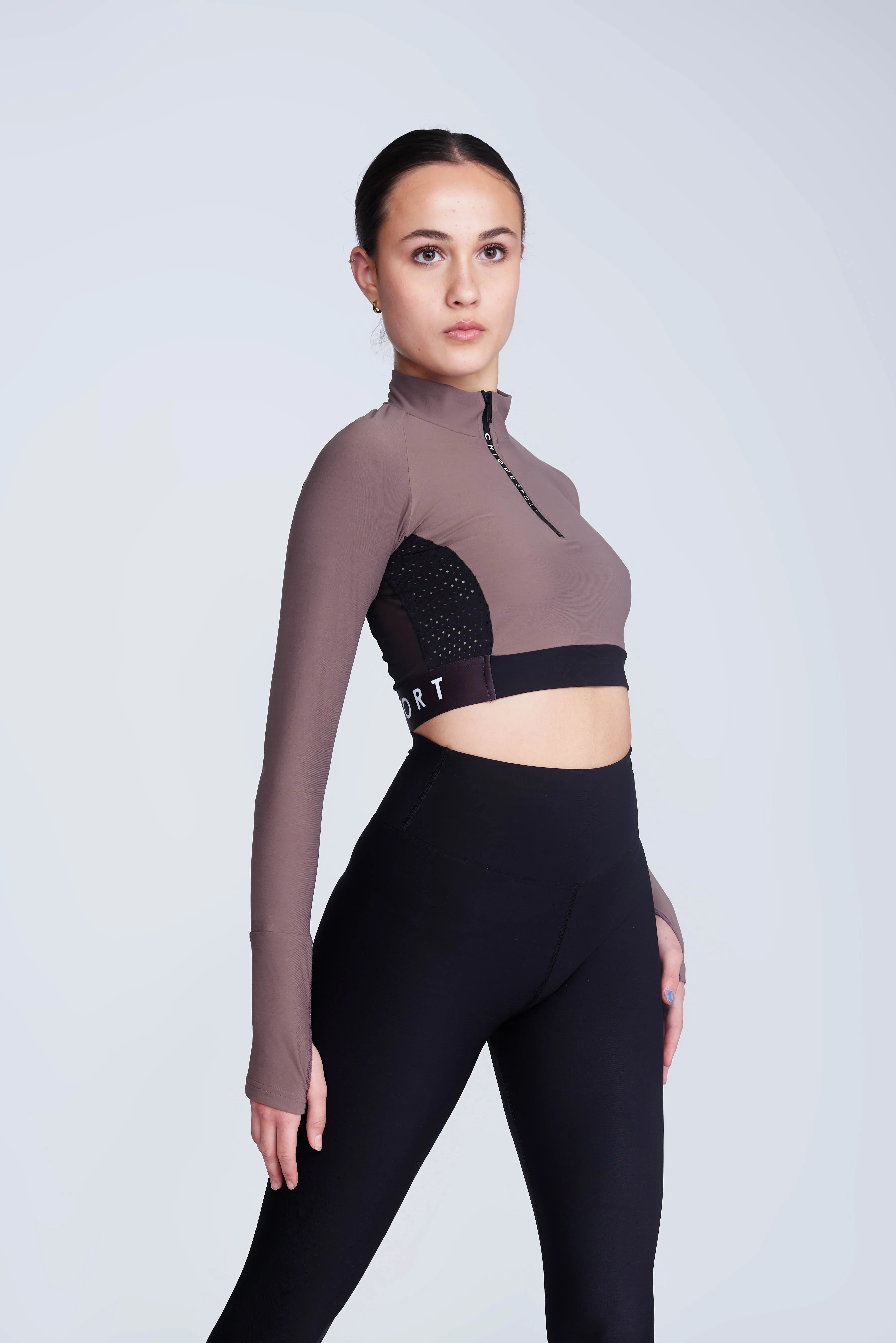 Ignite Long-Sleeve Crop Top in Taupe