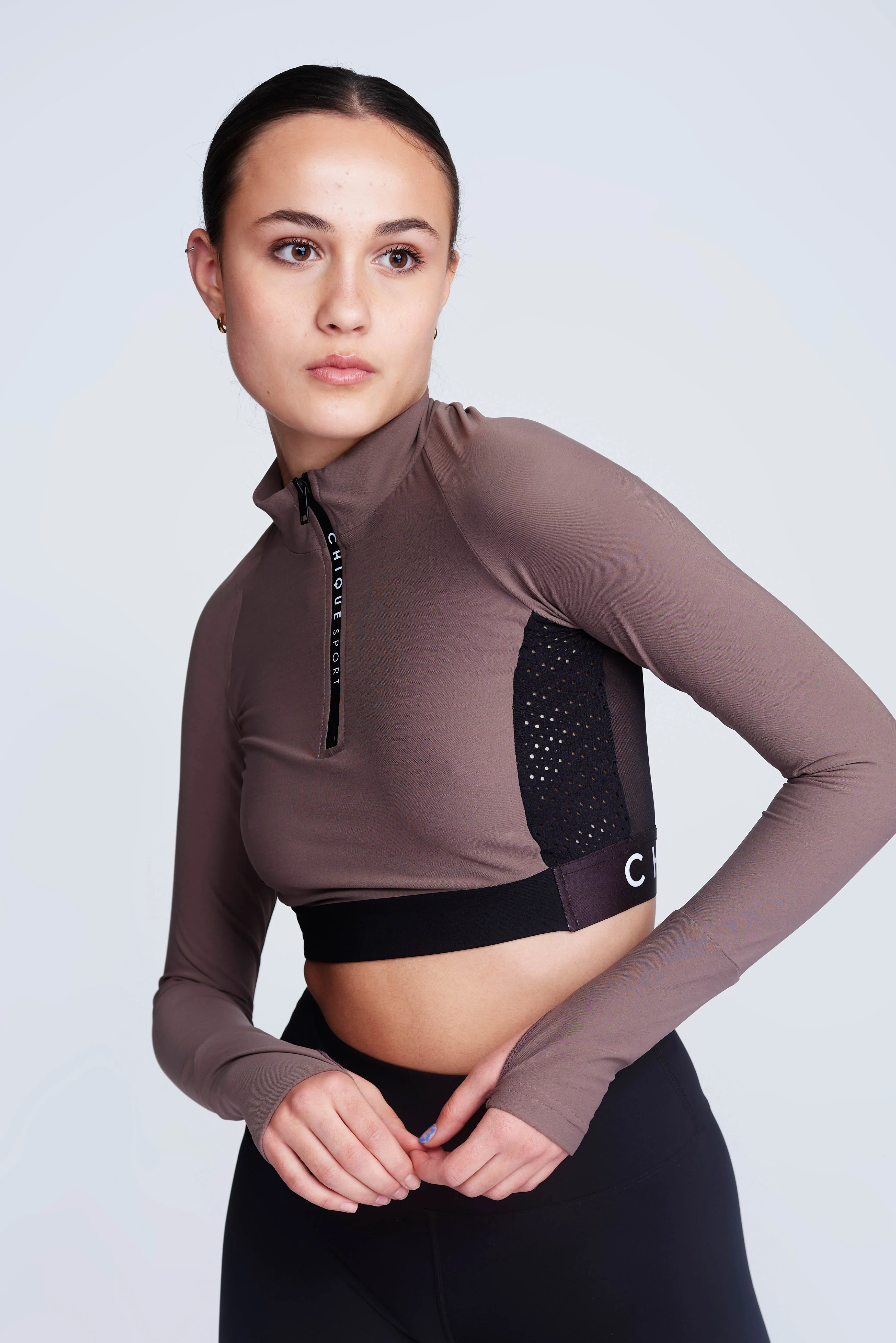 Ignite Long-Sleeve Crop Top in Taupe