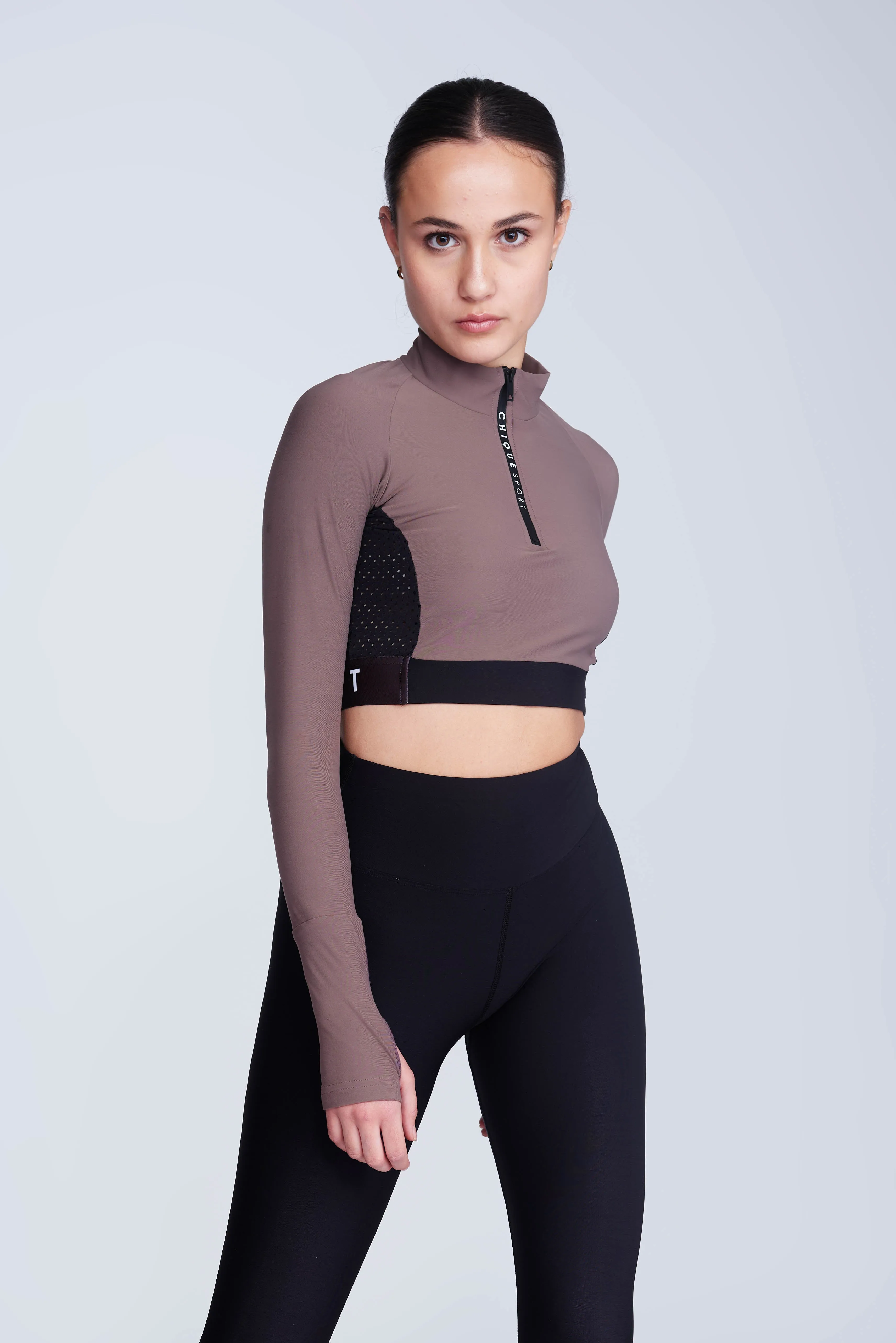 Ignite Long-Sleeve Crop Top in Taupe