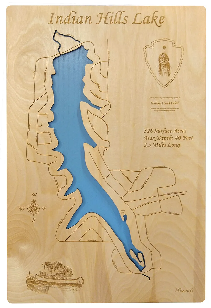 Indian Hills Lake, MO - Laser Cut Wood Map