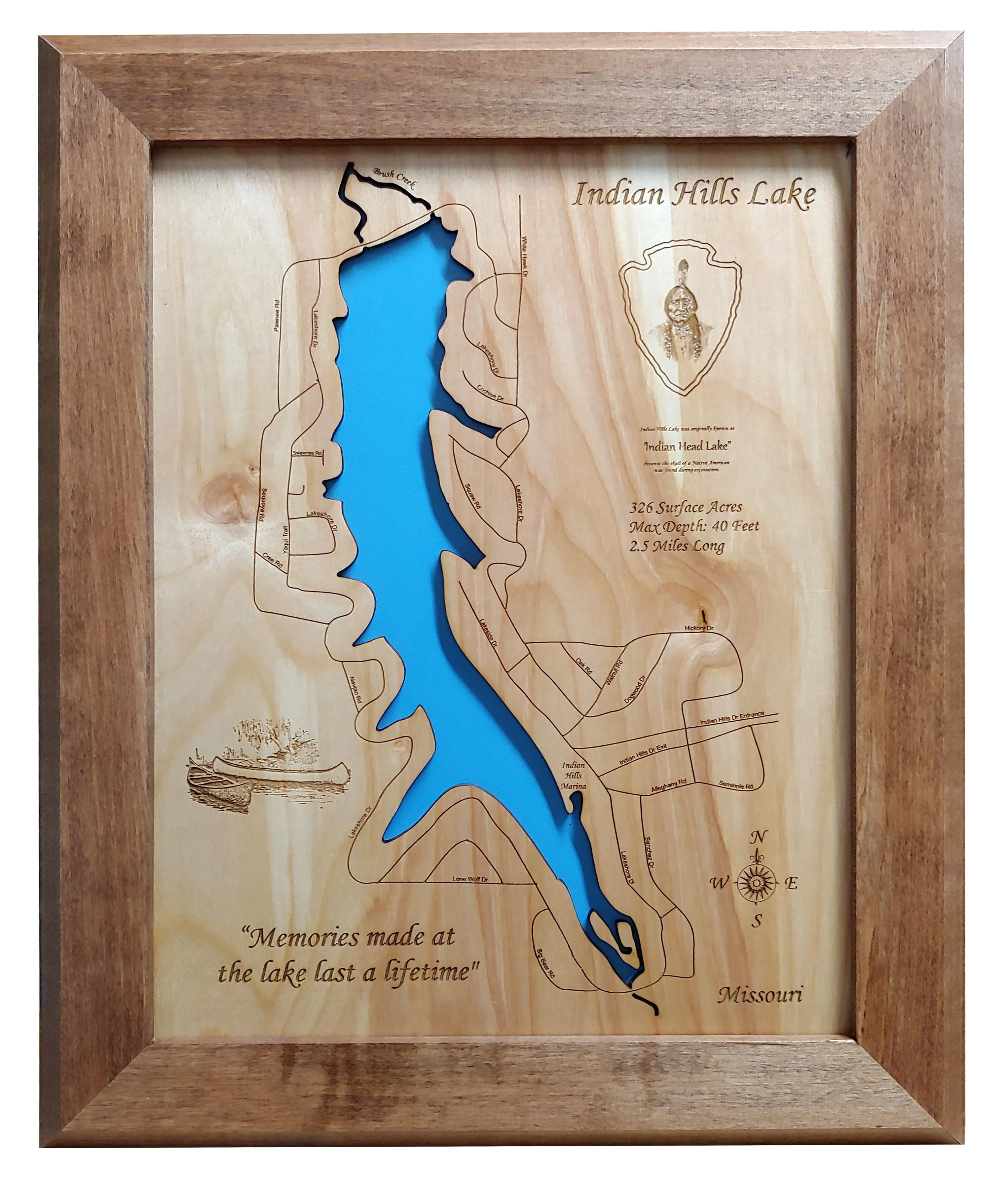 Indian Hills Lake, MO - Laser Cut Wood Map