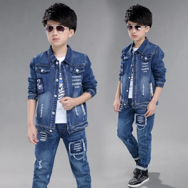 Mqtime Fashion Teenage Boys Denim Clothes Set Autumn Children Jeans Coat and Pants Autumn Baby Boys Cotton Sport Suits 10 12 Years New