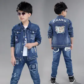 Mqtime Fashion Teenage Boys Denim Clothes Set Autumn Children Jeans Coat and Pants Autumn Baby Boys Cotton Sport Suits 10 12 Years New