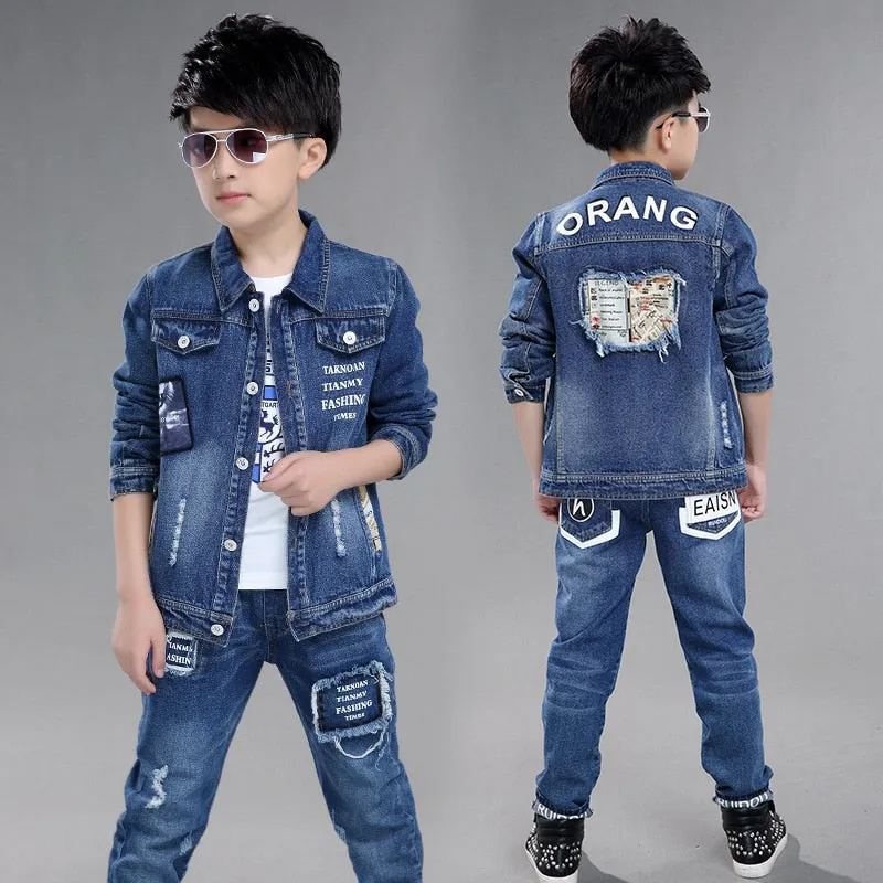 Mqtime Fashion Teenage Boys Denim Clothes Set Autumn Children Jeans Coat and Pants Autumn Baby Boys Cotton Sport Suits 10 12 Years New