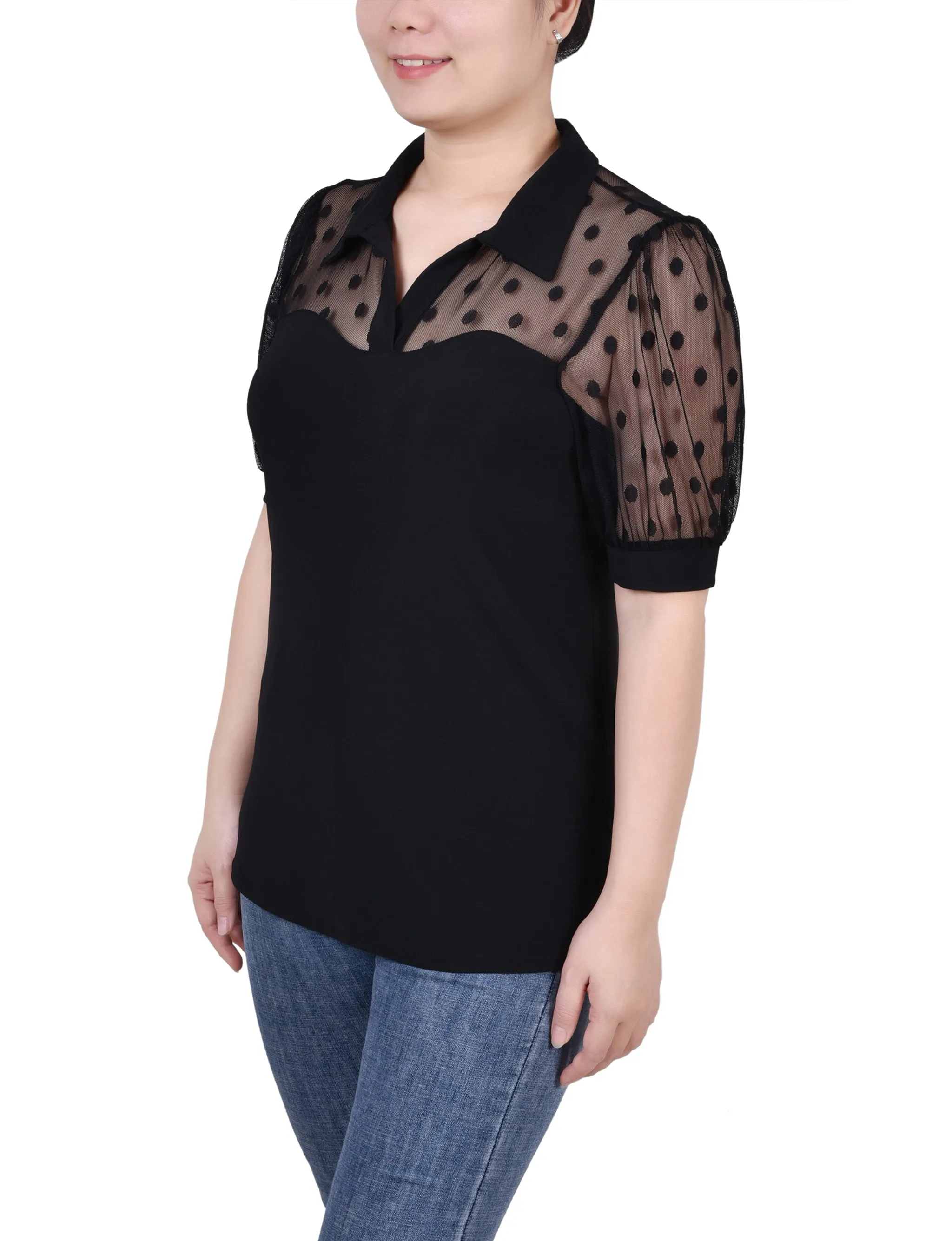 Petite Short Sleeve Top With Dotted Mesh