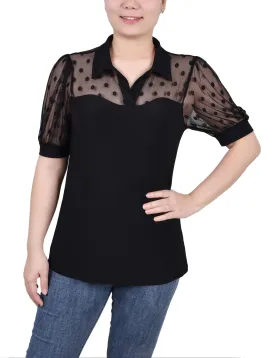 Petite Short Sleeve Top With Dotted Mesh