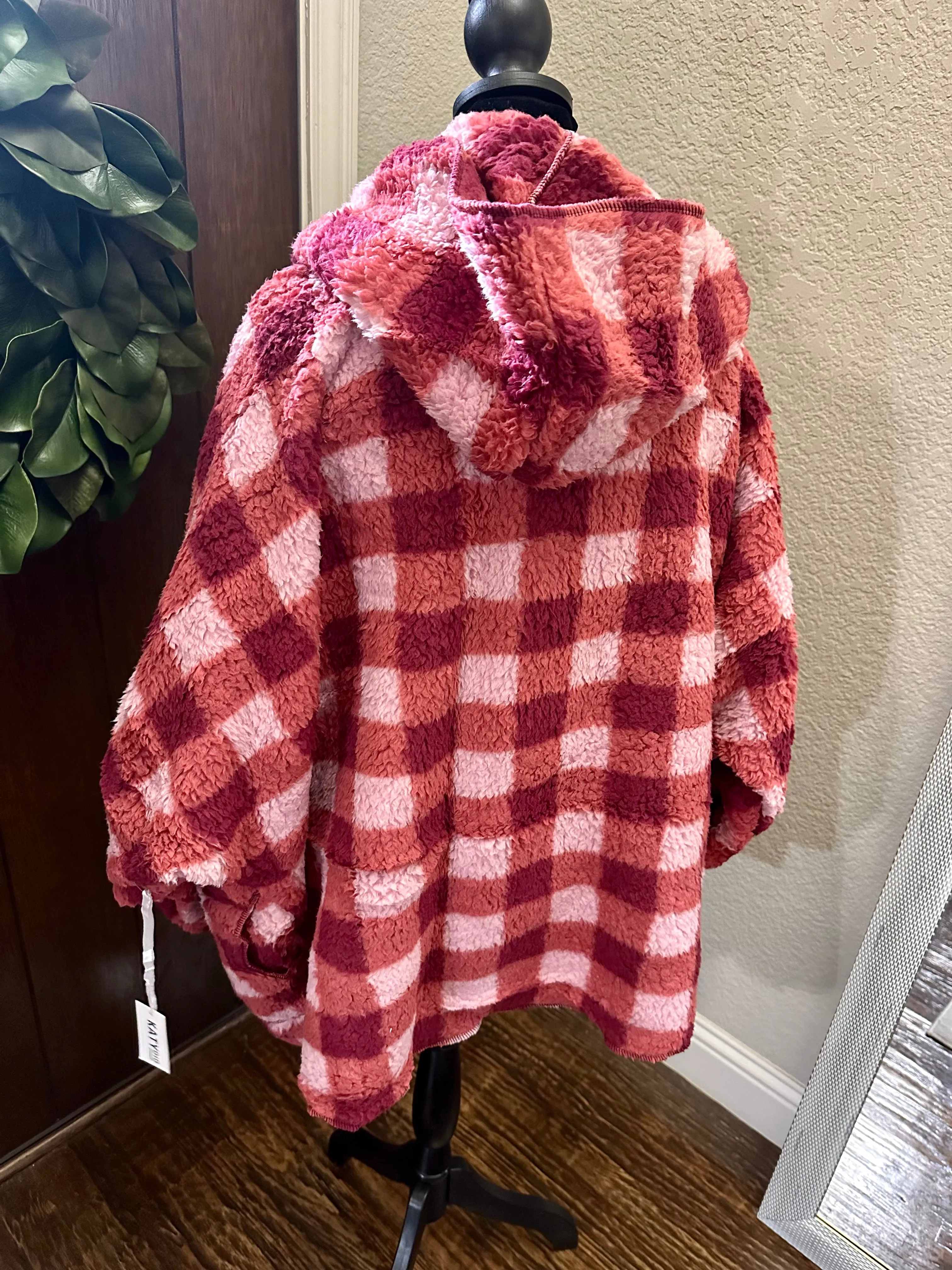 Pink & Red Plaid Hooded Cardigan Body Wrap