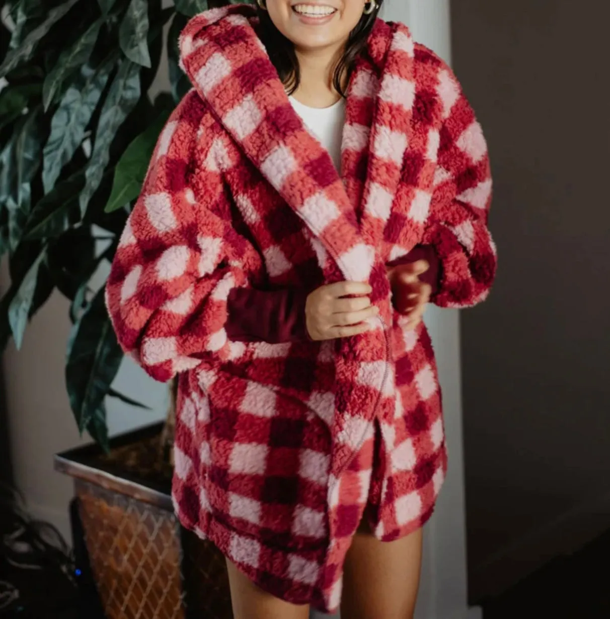 Pink & Red Plaid Hooded Cardigan Body Wrap