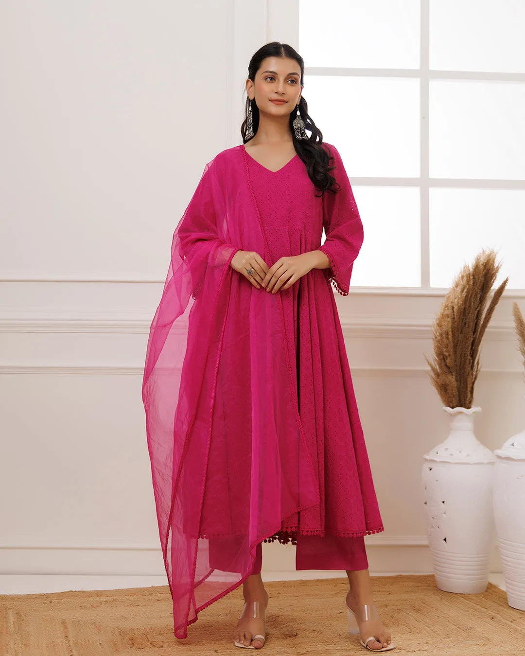 Pink Schiffili Anarkali Suit Set