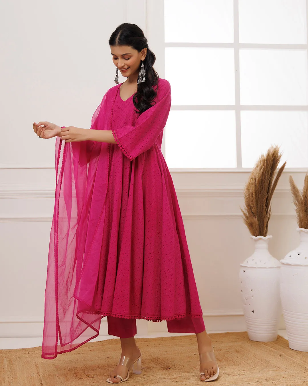 Pink Schiffili Anarkali Suit Set