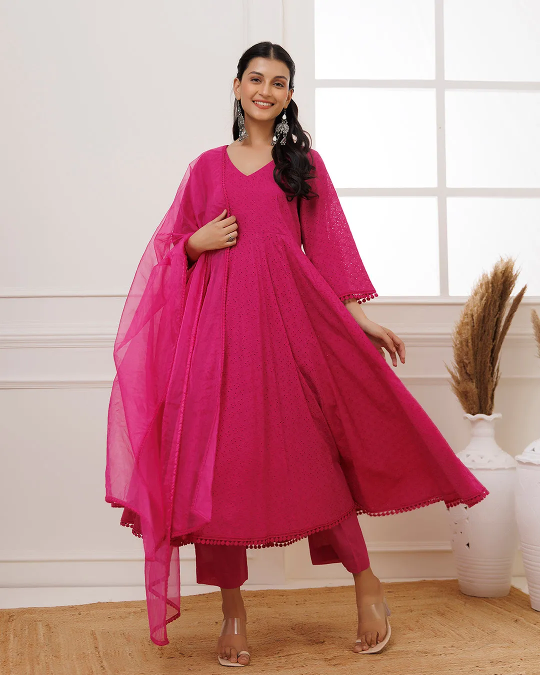 Pink Schiffili Anarkali Suit Set