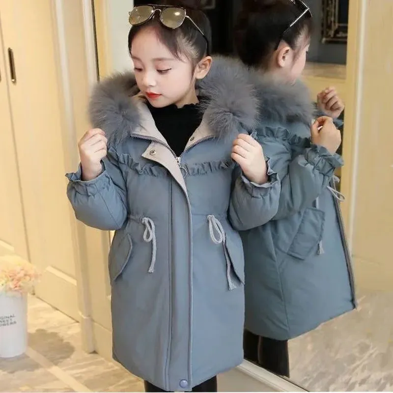 Plush Velvet Down Jacket Girls Hooded Coat Winter Outerwear Teenage Kid Parka Snowsuit Outdoors Casual Cotton Clothing 2023 New