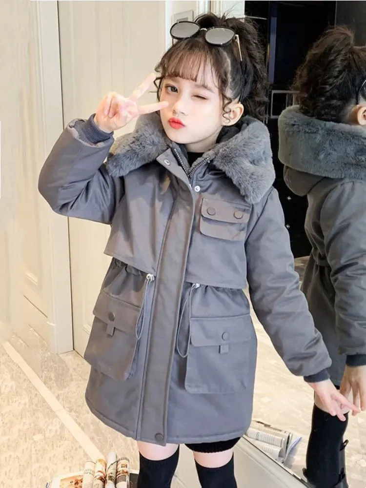 Plush Velvet Down Jacket Girls Hooded Coat Winter Outerwear Teenage Kid Parka Snowsuit Outdoors Casual Cotton Clothing 2023 New