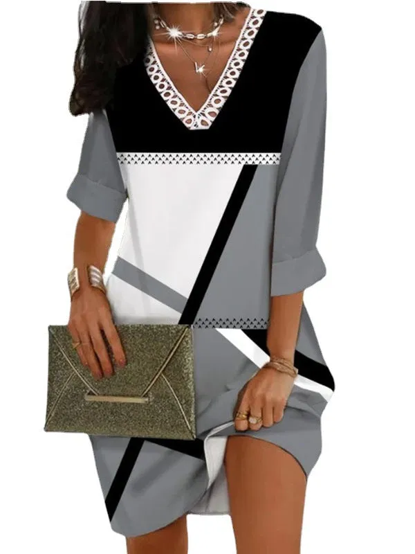 Short Sleeve Lace V-neck Casual Positioning, Printing Mid-length Dress