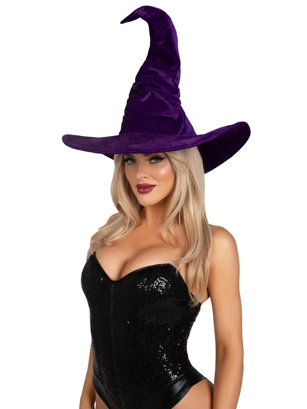 Velvet Ruched Witch Hat in Purple