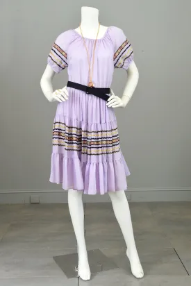 Vtg 1960s 70s Lilac Patio Square Dance Dress Trimmed with Gold Metallic Ribbon and Black & Gold Rickrack | Full Skirt Square Dance Dress | Patio Dress