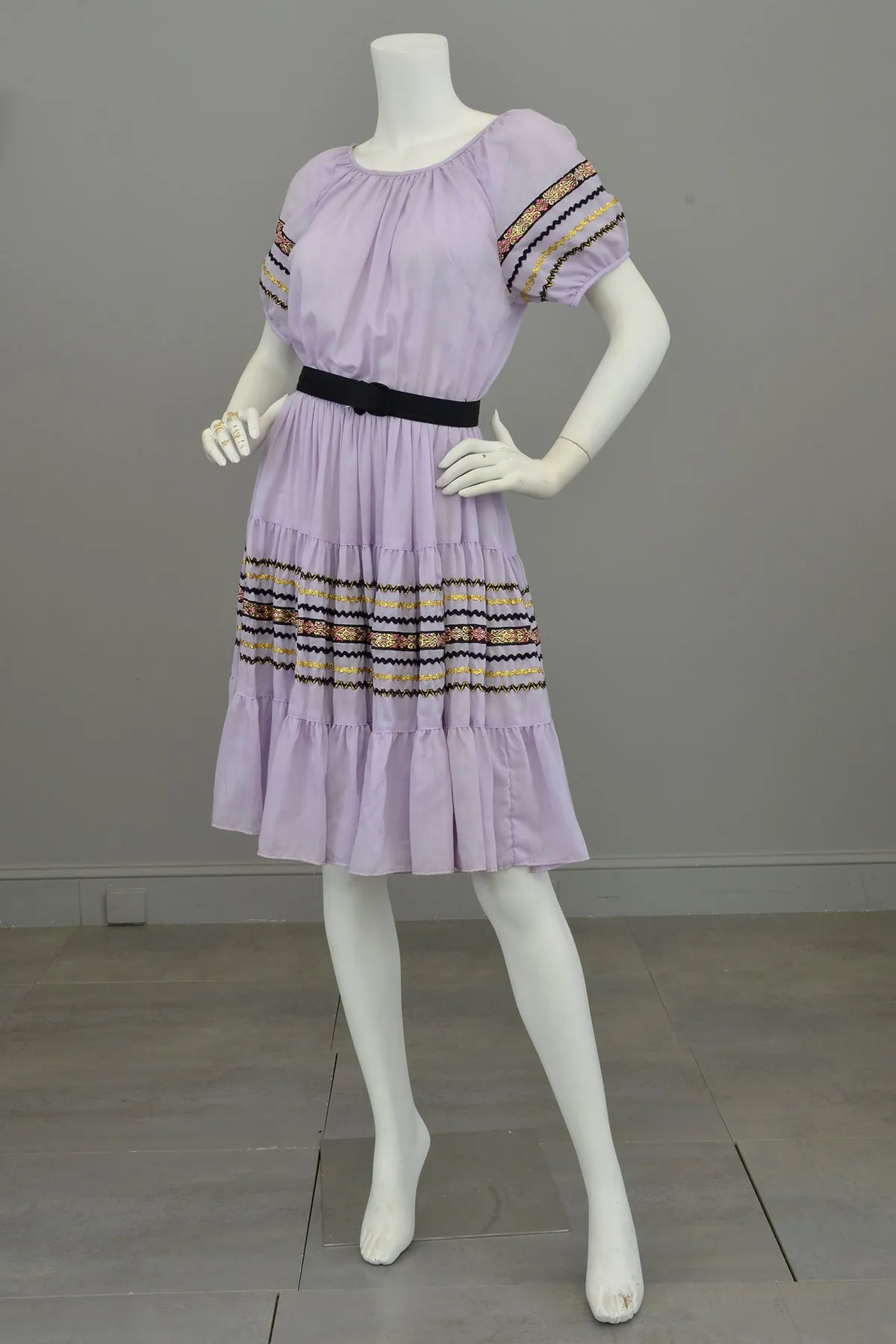 Vtg 1960s 70s Lilac Patio Square Dance Dress Trimmed with Gold Metallic Ribbon and Black & Gold Rickrack | Full Skirt Square Dance Dress | Patio Dress