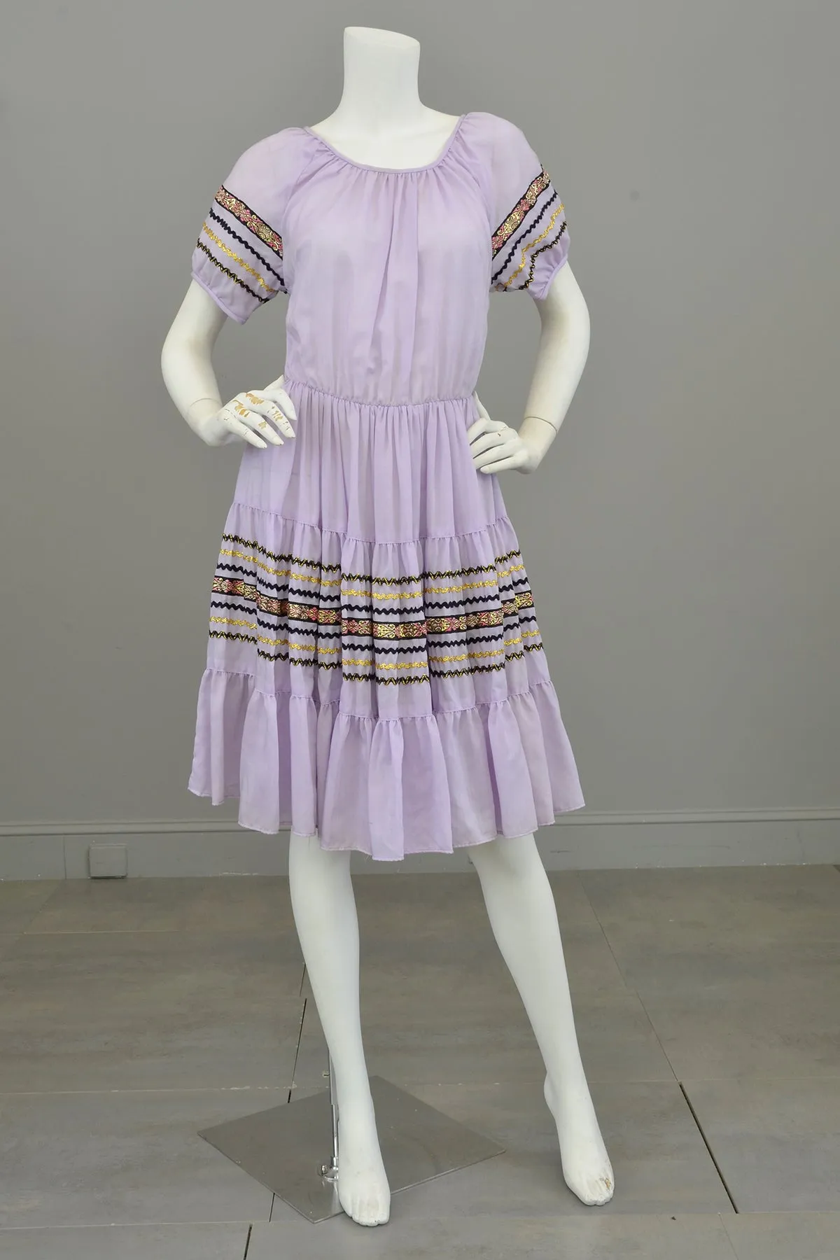 Vtg 1960s 70s Lilac Patio Square Dance Dress Trimmed with Gold Metallic Ribbon and Black & Gold Rickrack | Full Skirt Square Dance Dress | Patio Dress