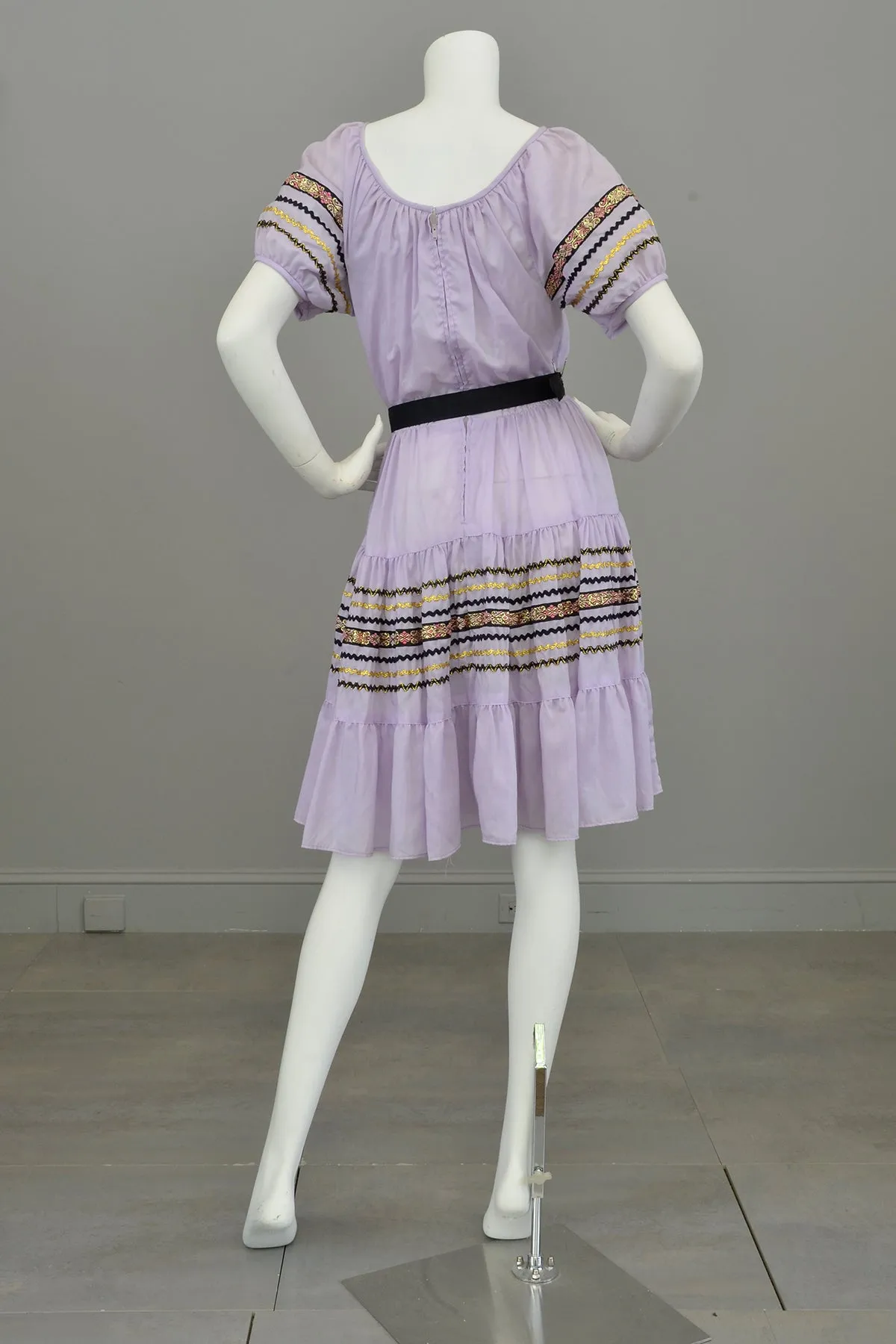 Vtg 1960s 70s Lilac Patio Square Dance Dress Trimmed with Gold Metallic Ribbon and Black & Gold Rickrack | Full Skirt Square Dance Dress | Patio Dress