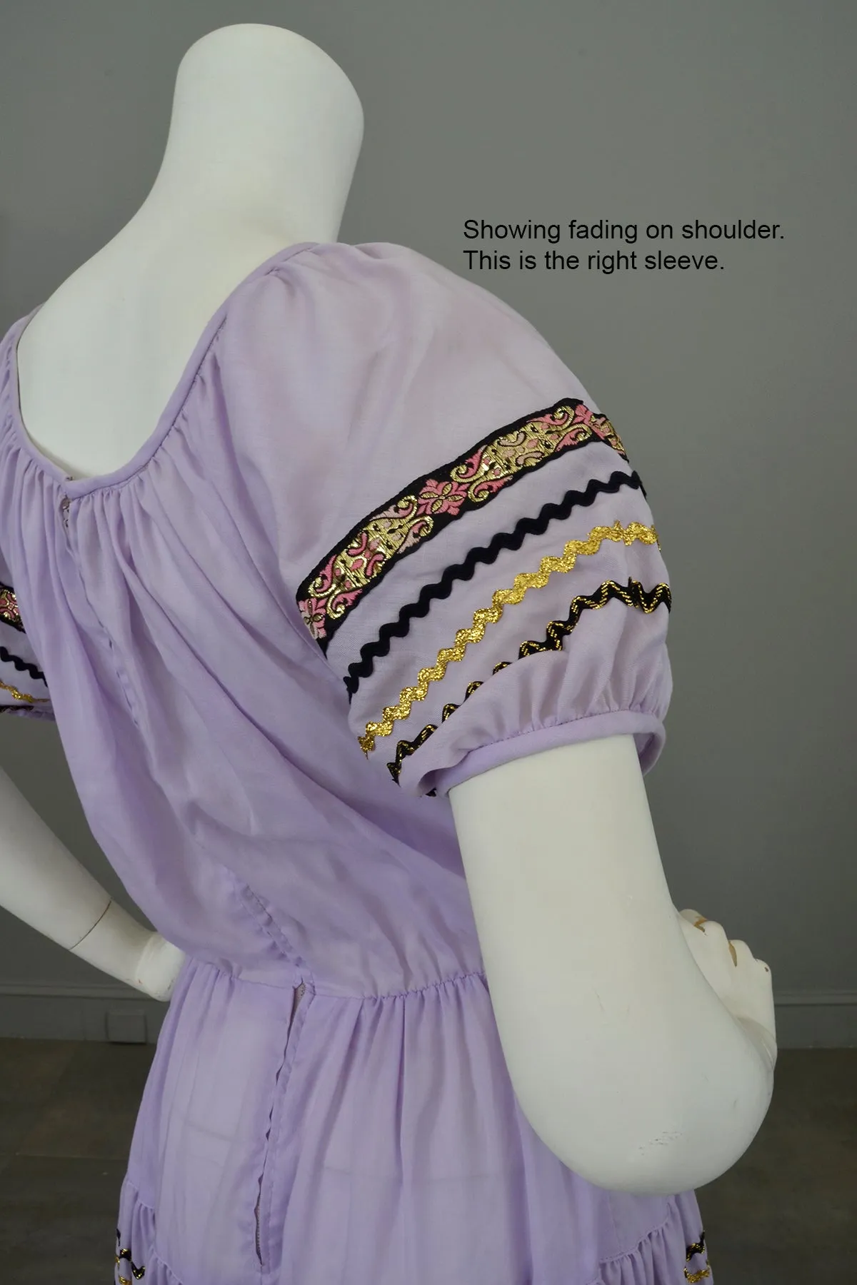 Vtg 1960s 70s Lilac Patio Square Dance Dress Trimmed with Gold Metallic Ribbon and Black & Gold Rickrack | Full Skirt Square Dance Dress | Patio Dress