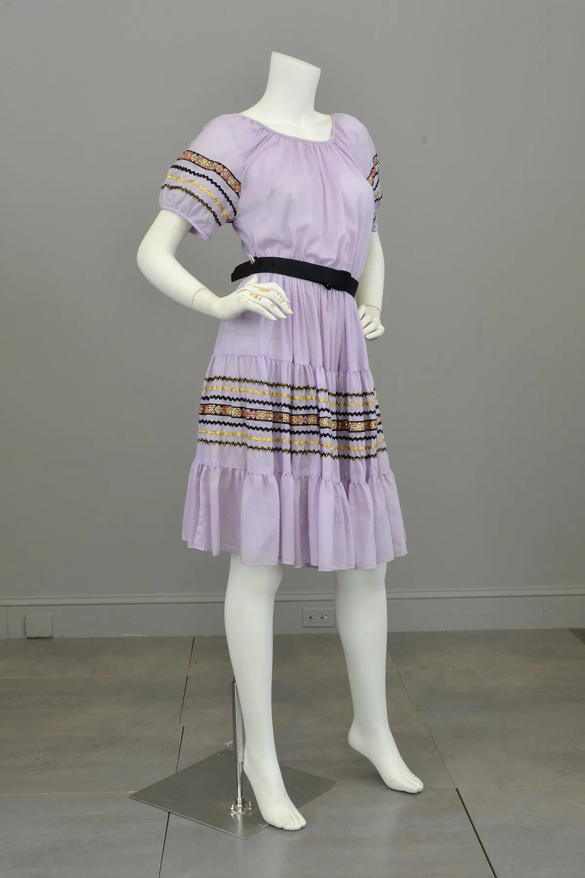 Vtg 1960s 70s Lilac Patio Square Dance Dress Trimmed with Gold Metallic Ribbon and Black & Gold Rickrack | Full Skirt Square Dance Dress | Patio Dress